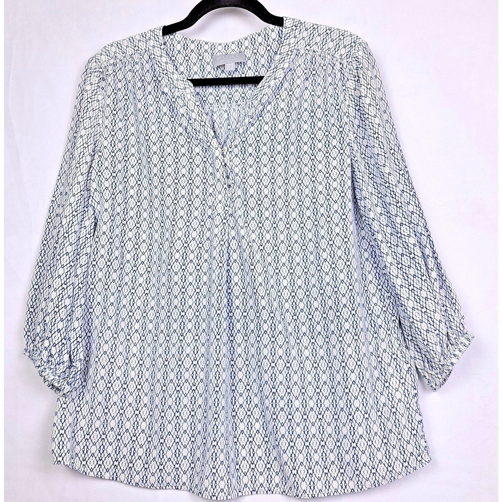 PURE Collection Shirt Womens 6 Small Blue Geometric Stripe 100% Silk 3/4 Sleeve